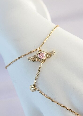 Diğer 316L Çelik Gold Renk Pembe Zirkon Taşlı Kanatlı Kalp Model Şahme