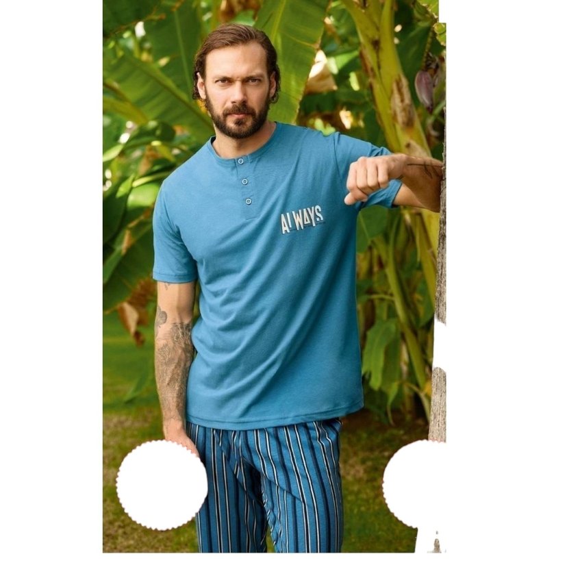 Pamuk Kısa Kol Mavi Erkek Pijama Takımı - Görsel 2