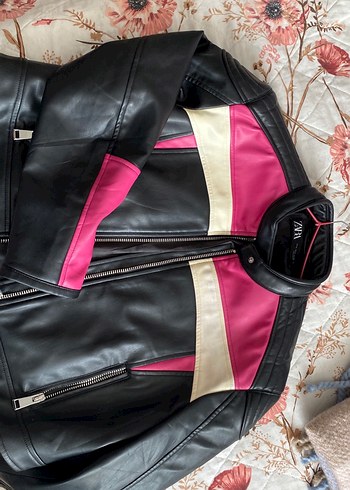 Kadın Pembe Deri Biker Ceket - Görsel 4