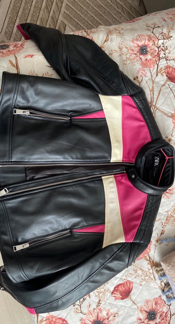 Kadın Pembe Deri Biker Ceket - Görsel 2