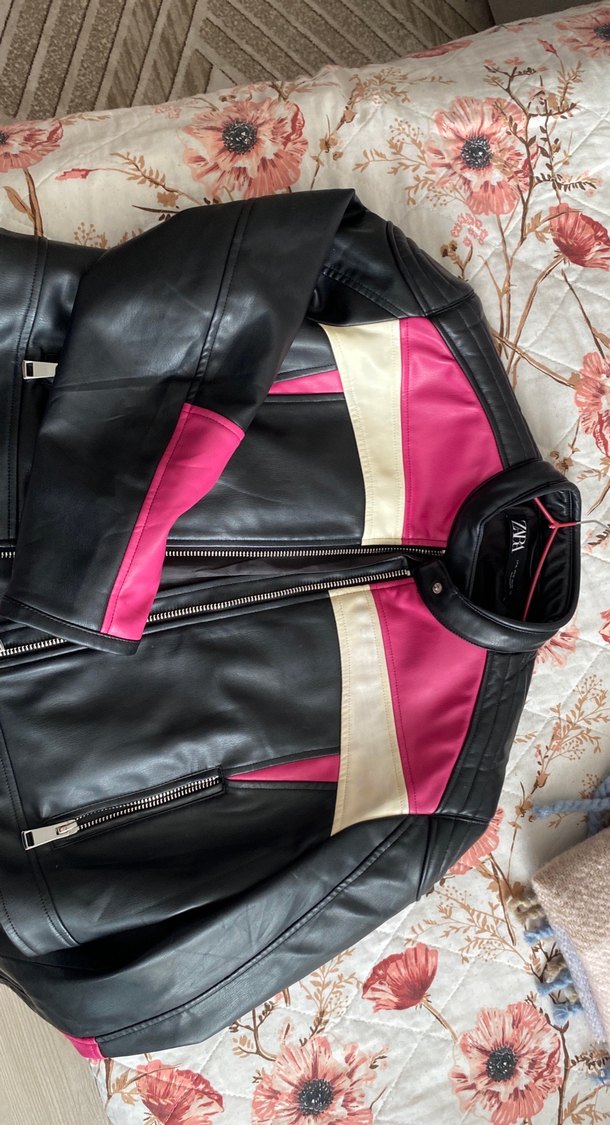 Kadın Pembe Deri Biker Ceket - Görsel 4