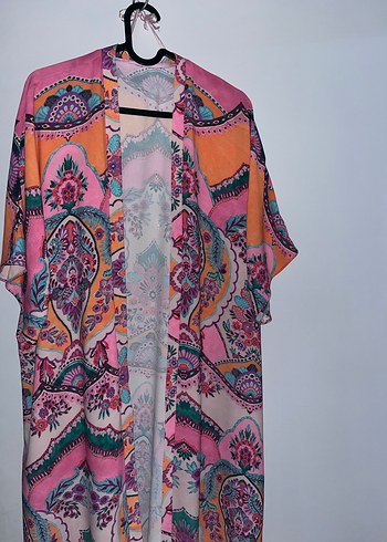 Bohem Çok Renkli Uzun Desenli Kimono - Görsel 4