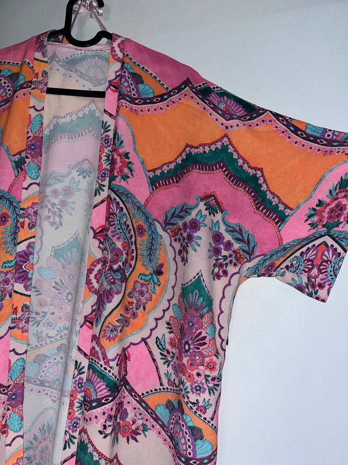 Bohem Çok Renkli Uzun Desenli Kimono - Görsel 2