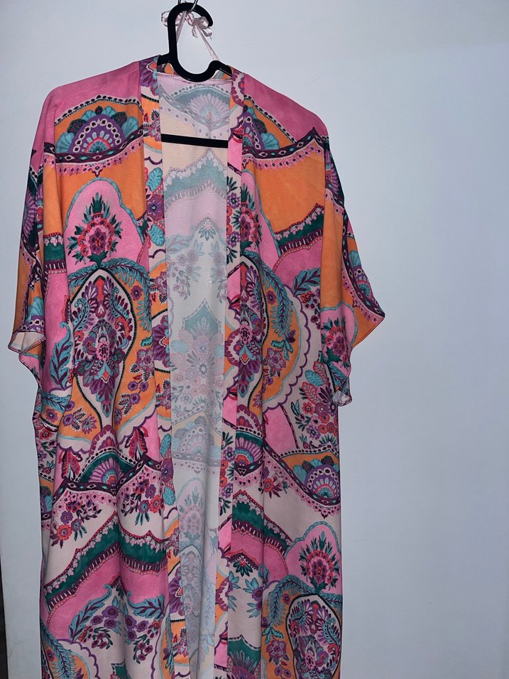 Bohem Çok Renkli Uzun Desenli Kimono - Görsel 4