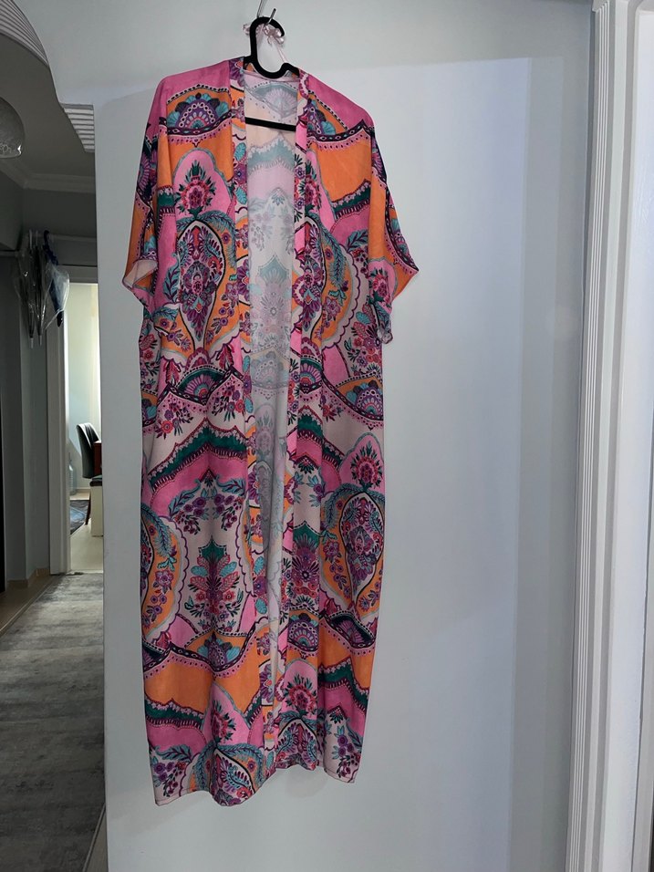 Bohem Çok Renkli Uzun Desenli Kimono - Görsel 3
