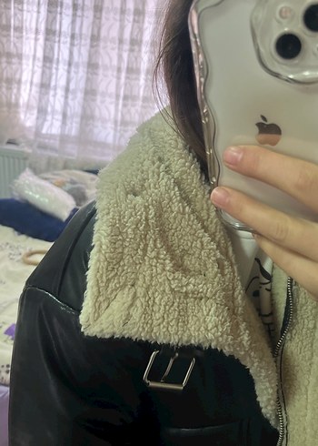 Kürklü Siyah Deri Midi Ceket - Görsel 2