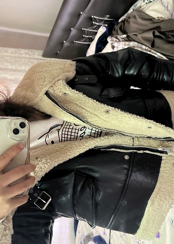 Kürklü Siyah Deri Midi Ceket - Görsel 4