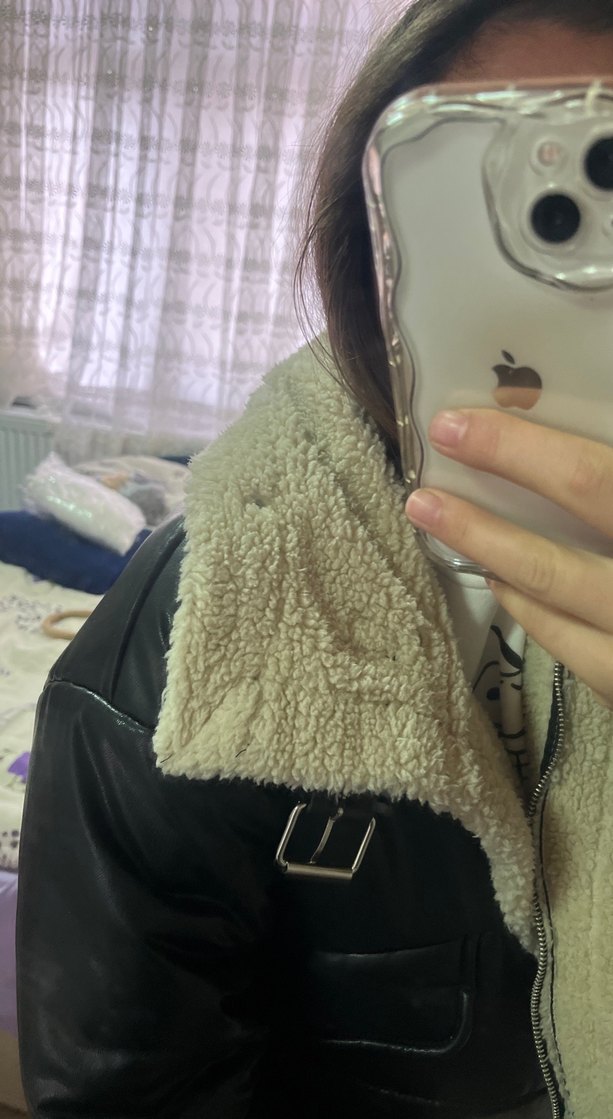 Kürklü Siyah Deri Midi Ceket - Görsel 2