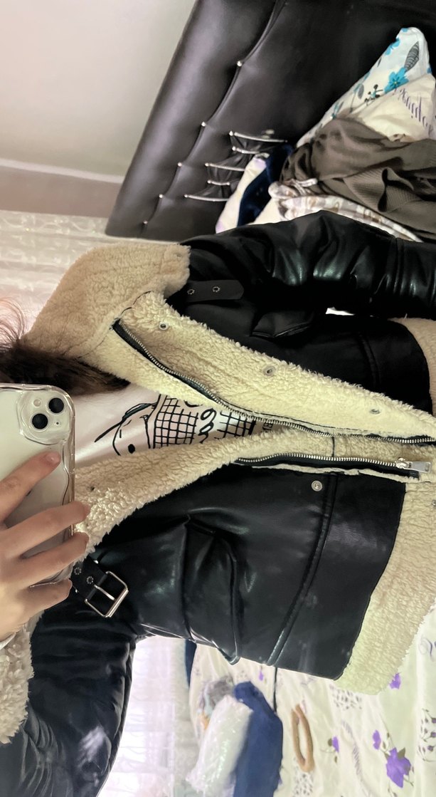 Kürklü Siyah Deri Midi Ceket - Görsel 4