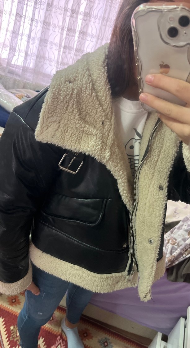 Kürklü Siyah Deri Midi Ceket - Görsel 3