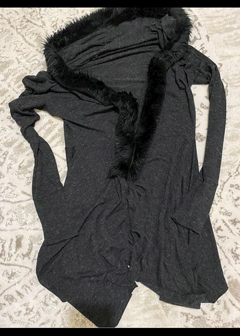 Peluş Detaylı Uzun Gri Kadın Hırka Y-LONDON L