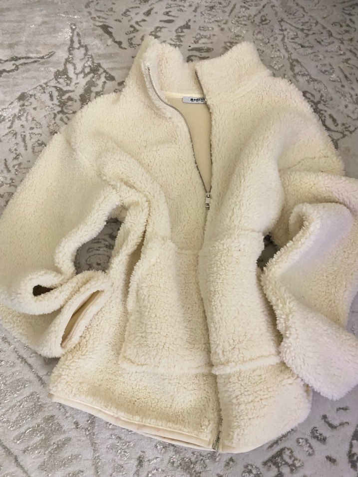 Beyaz Peluş Fermuarlı Kadın Ceket DeFacto L - Görsel 4