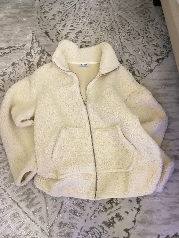 Beyaz Peluş Fermuarlı Kadın Ceket DeFacto L - Görsel 3