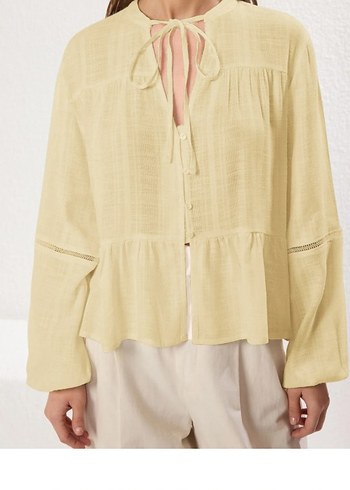 Bej Bohem V Yaka Keten Gömlek - Görsel 2