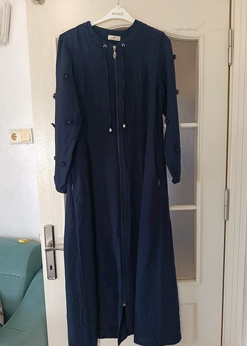 Düğmeli Lacivert Kadın Uzun Kaban ferace - Görsel 4