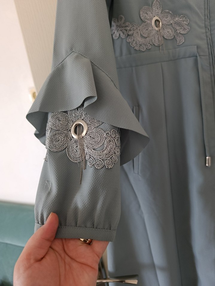 Gri Nakışlı Uzun Kadın Elbise pardüse şu yeşili - Görsel 3