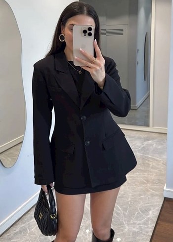 Kısa Siyah Deri Kadın Blazer takım
