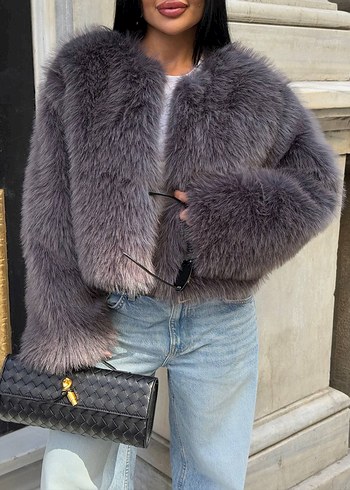 Zara Gri Crop Suni Peluş Kürk