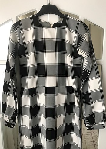 Düğmeli Gri Ekose Uzun Kollu Uzun Elbise - Görsel 2