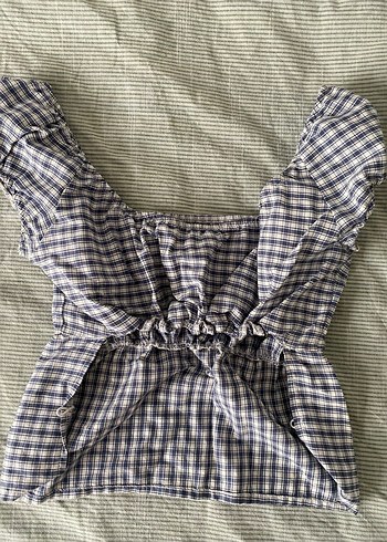 mavi-gri ekose bluz sırtı açık - Görsel 3