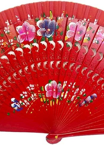 Kırmızı Çiçek Desenli Katlanabilir Yelpaze - Görsel 3