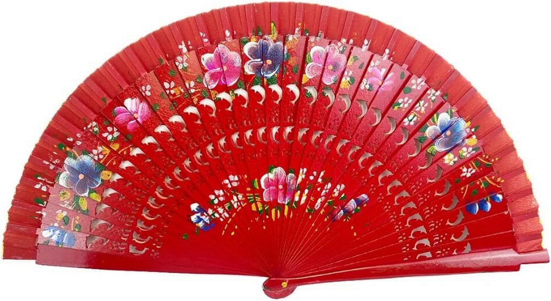 Kırmızı Çiçek Desenli Katlanabilir Yelpaze - Görsel 3