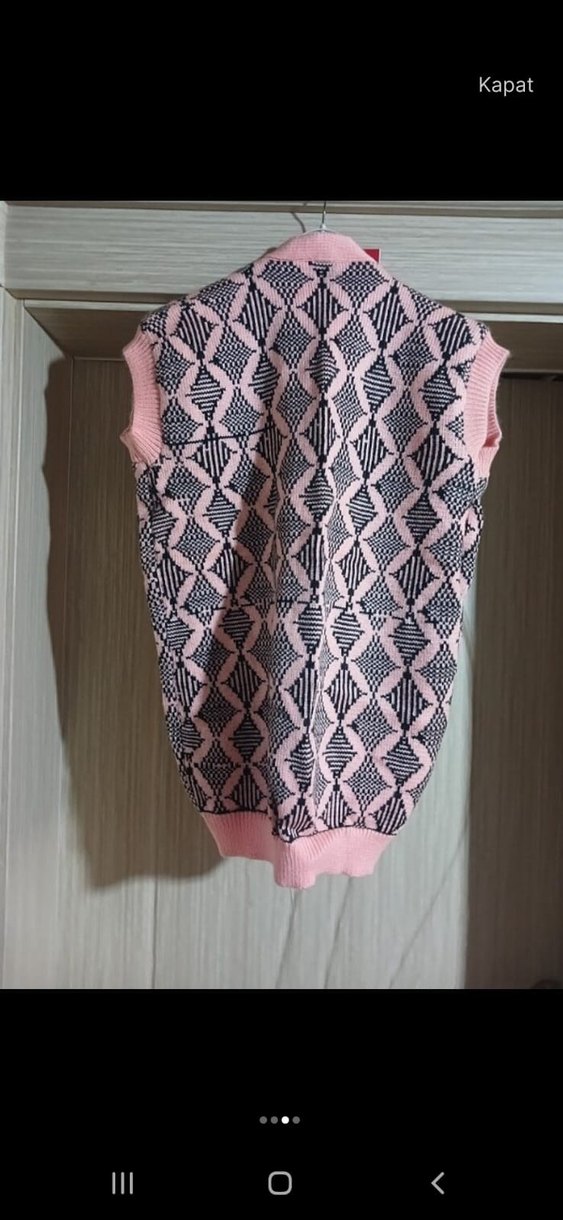 Pembe Bohem Örgü V Yaka Kadın Yelek - Görsel 3