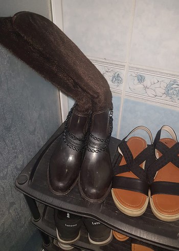 Kahverengi Deri Tokalı Dizüstü Botlar