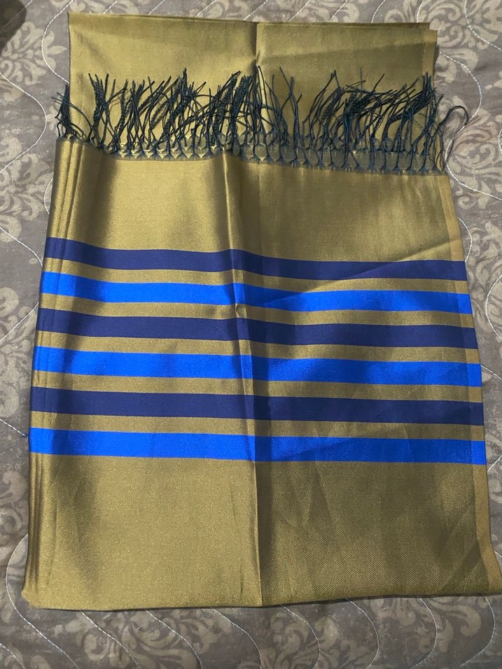 Parlak Mavi Çizgili Kadın Saten Şal - Görsel 2