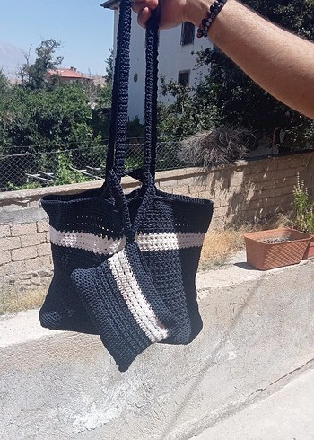 Diğer Lacivert Beyaz Şeritli El Örgüsü Kol Çantası