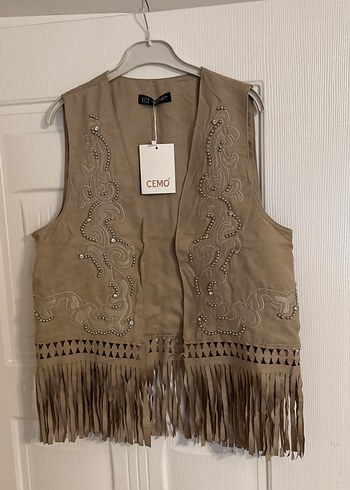 Bej Nakışlı Püsküllü Süet Yelek - Görsel 5