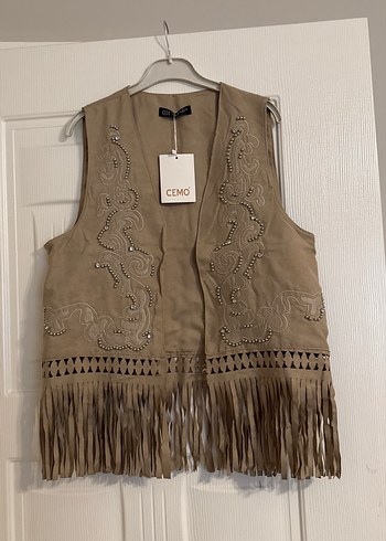 Bej Nakışlı Püsküllü Süet Yelek - Görsel 4