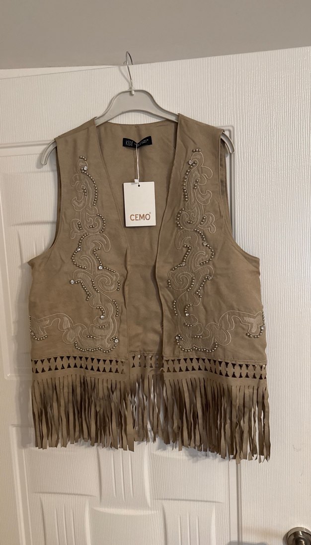 Bej Nakışlı Püsküllü Süet Yelek - Görsel 5