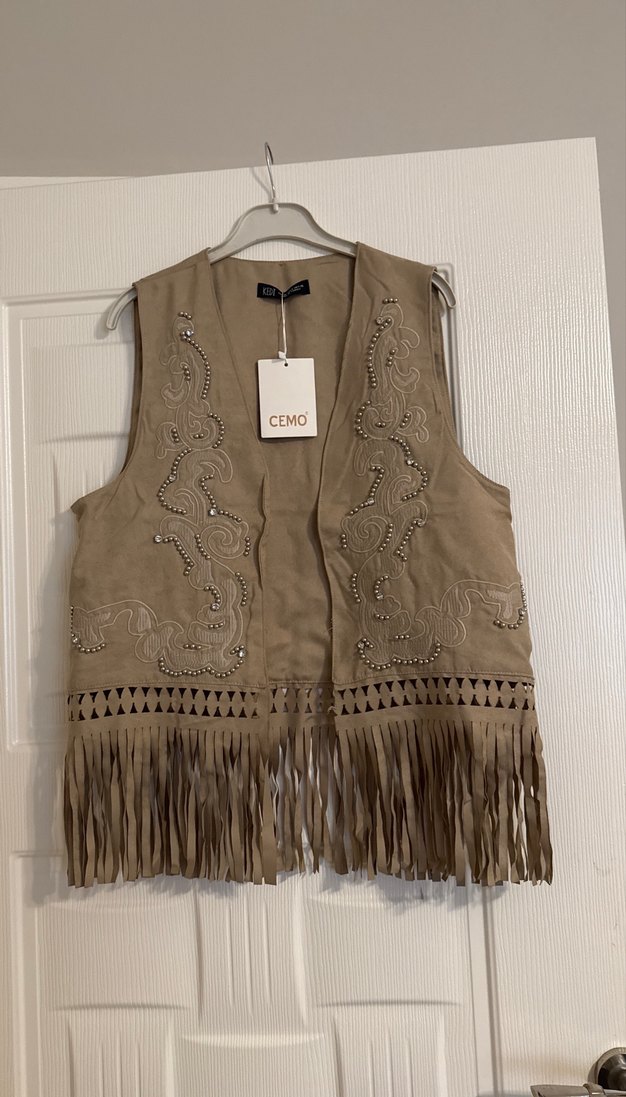 Bej Nakışlı Püsküllü Süet Yelek - Görsel 4