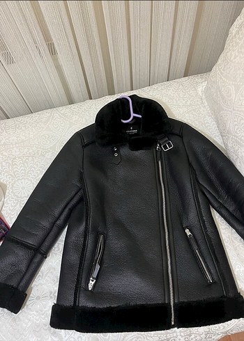 Siyah Kürklü Deri Kadın Biker Ceket