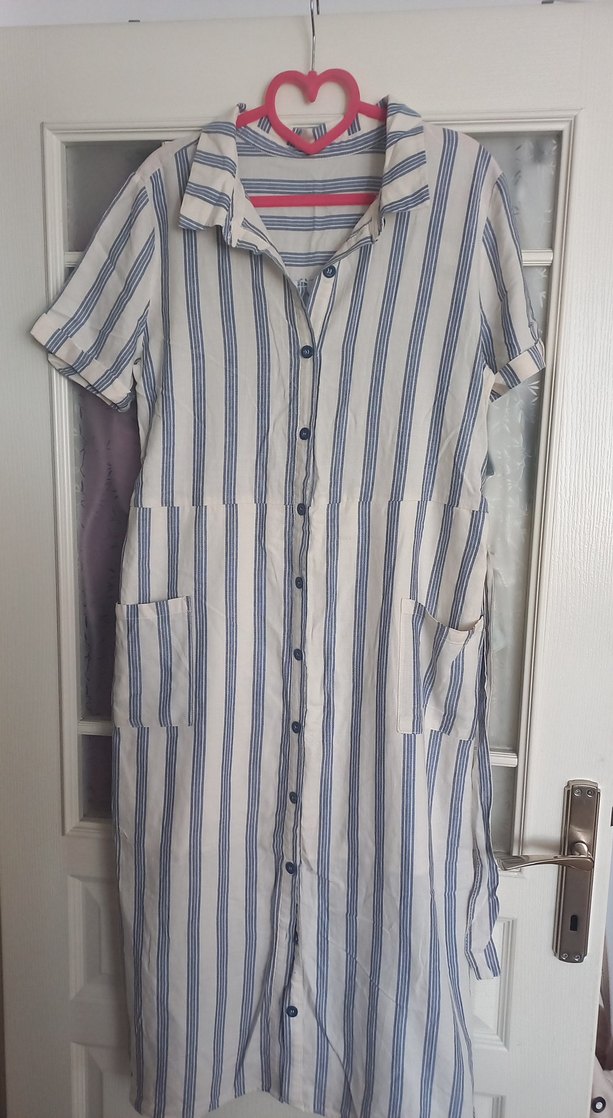 Düğmeli Çizgili uzun Keten Elbise - Görsel 2