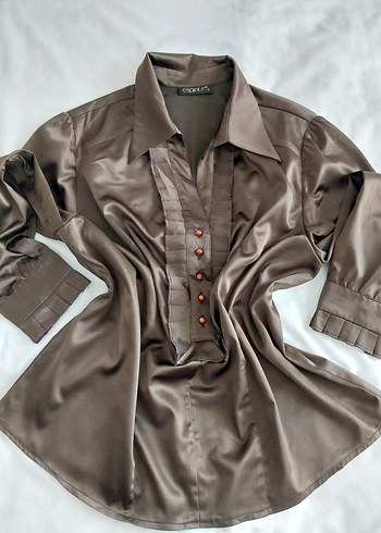 xl Beden Düğmeli Kahverengi Saten Vintage Kadın Gömlek