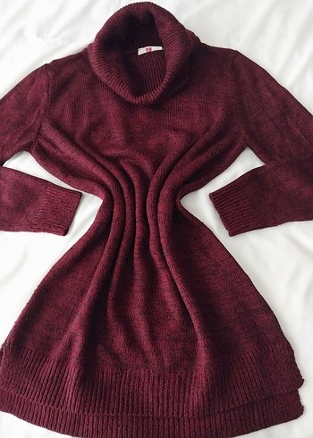 Bordo Yüksek Yakalı Örgü Kadın tunik Kazak - Görsel 4
