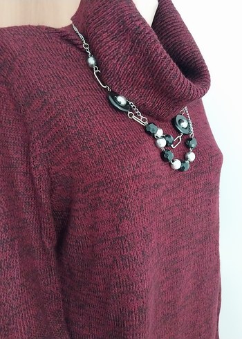 Bordo Yüksek Yakalı Örgü Kadın tunik Kazak - Görsel 2