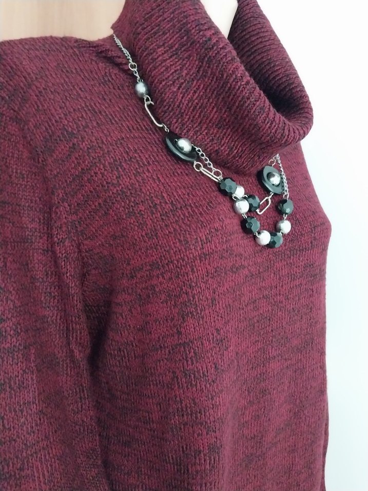 Bordo Yüksek Yakalı Örgü Kadın tunik Kazak - Görsel 2