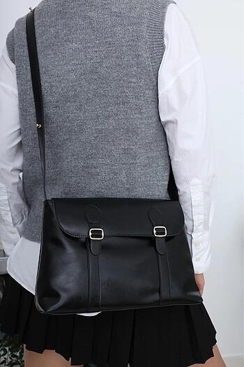 siyah suni deri çapraz ve omuz çantası - Görsel 6