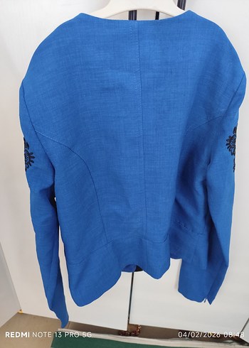 Mavi Nakışlı Kısa Kollu Kadın Blazer Ceket - Görsel 4