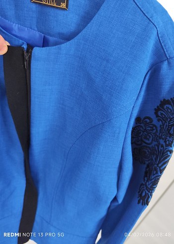 Mavi Nakışlı Kısa Kollu Kadın Blazer Ceket - Görsel 2