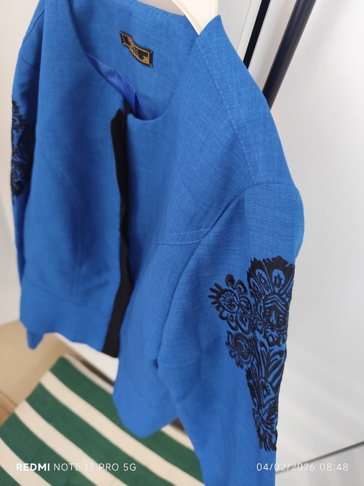 Mavi Nakışlı Kısa Kollu Kadın Blazer Ceket - Görsel 3