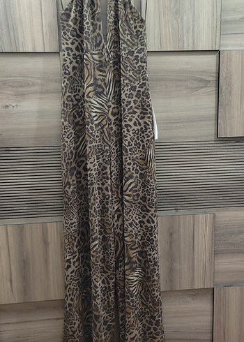 l Beden zara l beden.Kahverengi V Yaka Zebra Desenli Uzun tulum
