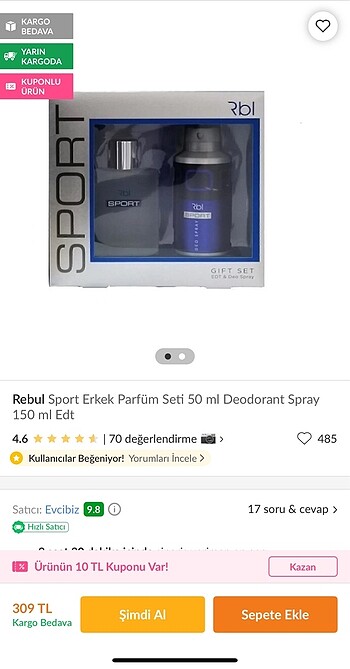 Beden ReBull Erkek Parfüm Set 150 Ml + 50 Ml Deo