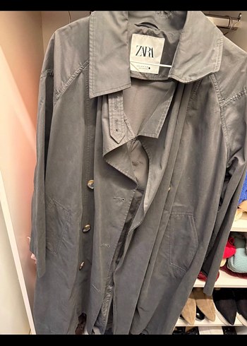 s Beden Zara Siyah Kadın Midi Keten Trençkot
