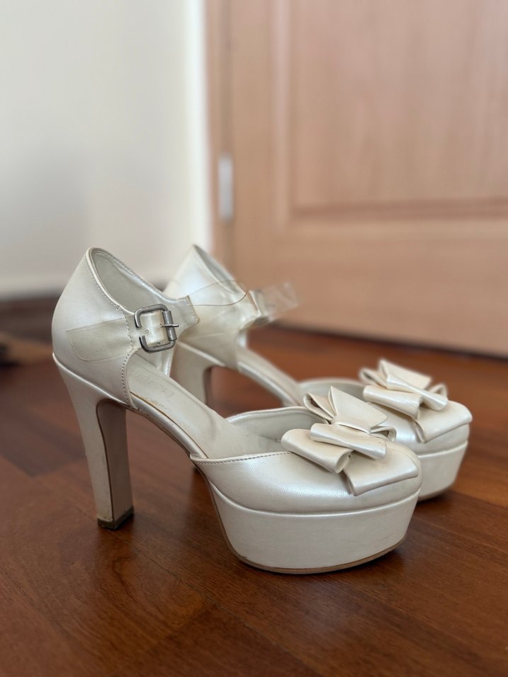 Gelinlik Ayakkabısı Fiyonk Detaylı Beyaz Platform Topuklu - Görsel 2