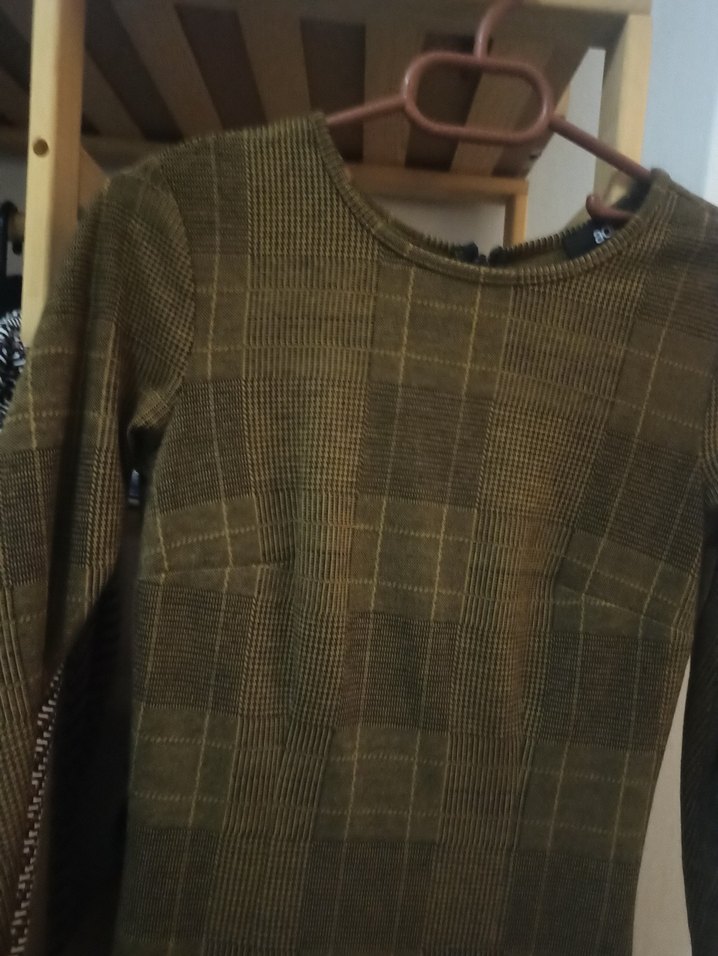 Uzun Kollu Kareli Midi Kadın Triko Elbise - Görsel 2