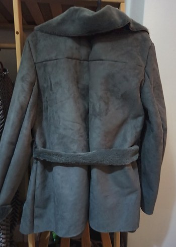 Koton Gri Süet Kemerli Ceket, Kürklü, Salaş - Görsel 3